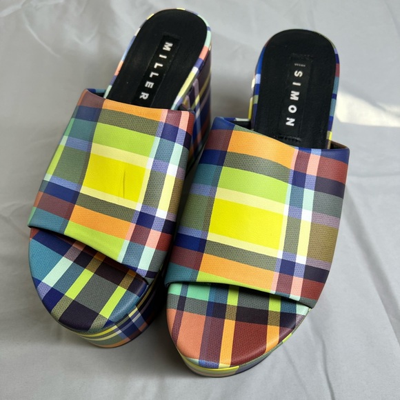 Simon Miller Retro Yellow Check Plaid Leather Blackout Platform Slide Sandals - Picture 3 of 10